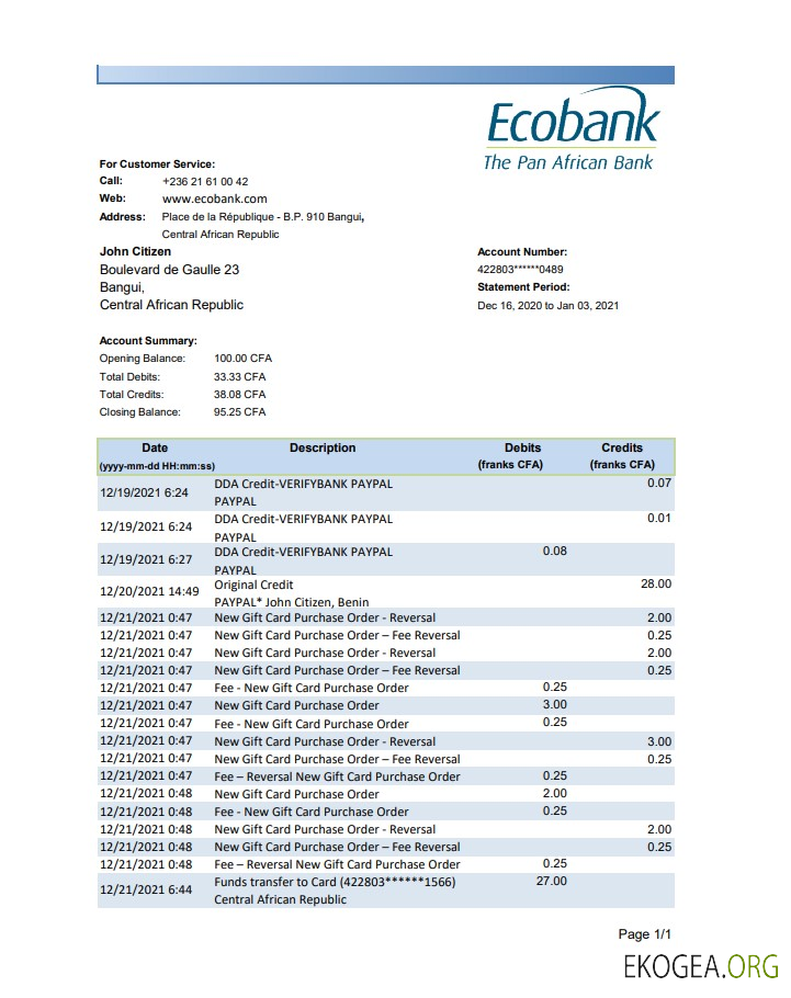 Modèle de relevé bancaire Ecobank de République Centrafricaine facile à remplir au format de fichier .xls et .pdf (AutoSum)